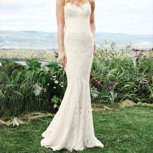 Lillian West 6425 Corded Lace Mermaid Wedding Gown Train Strapless Romantic Boho